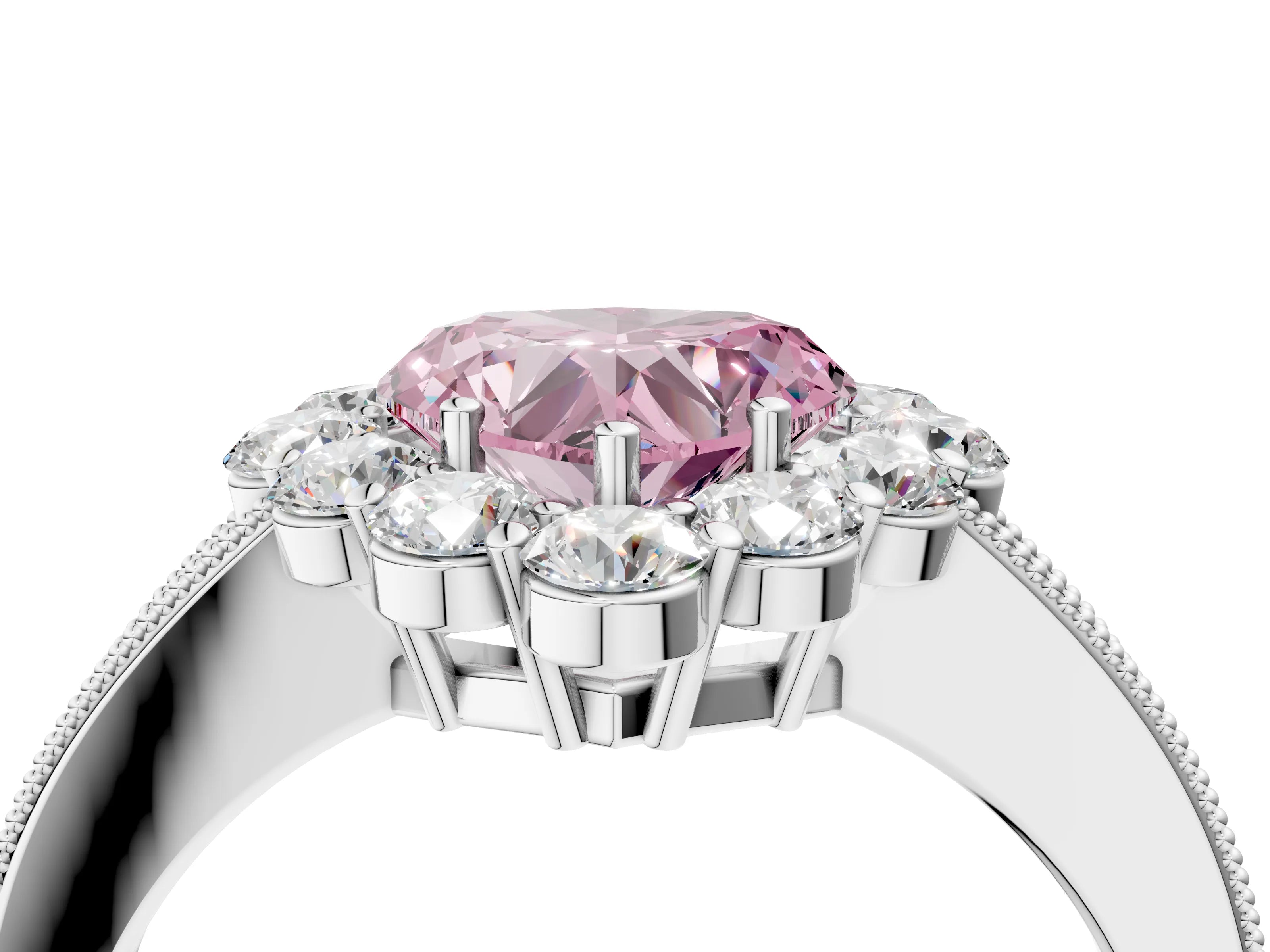 White gold Fancy Pink Heart Cut Cut Halo Diamond Pavé Engagement Ring with Milgrain Detailing_4