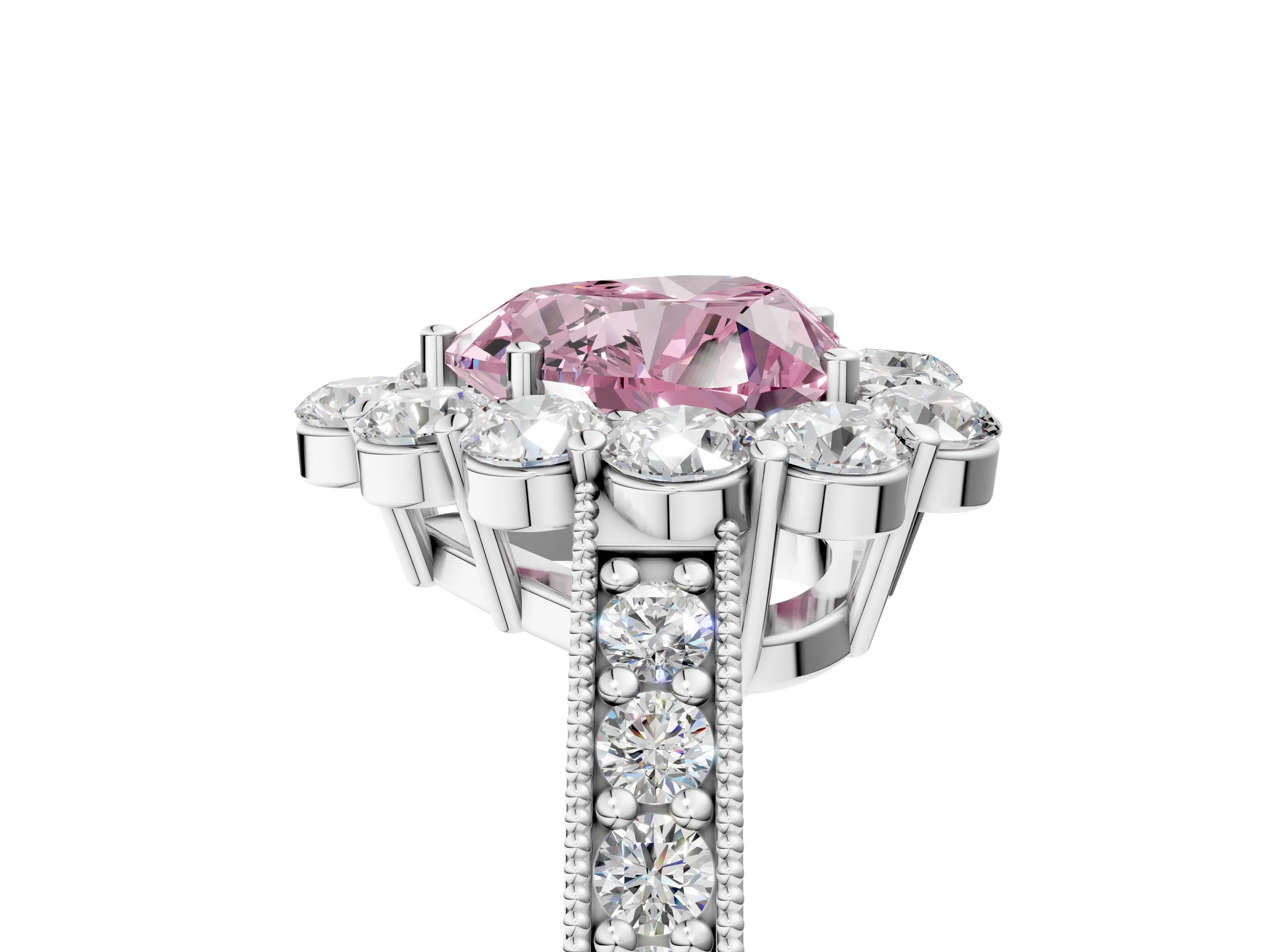 White gold Fancy Pink Heart Cut Cut Halo Diamond Pavé Engagement Ring with Milgrain Detailing_5
