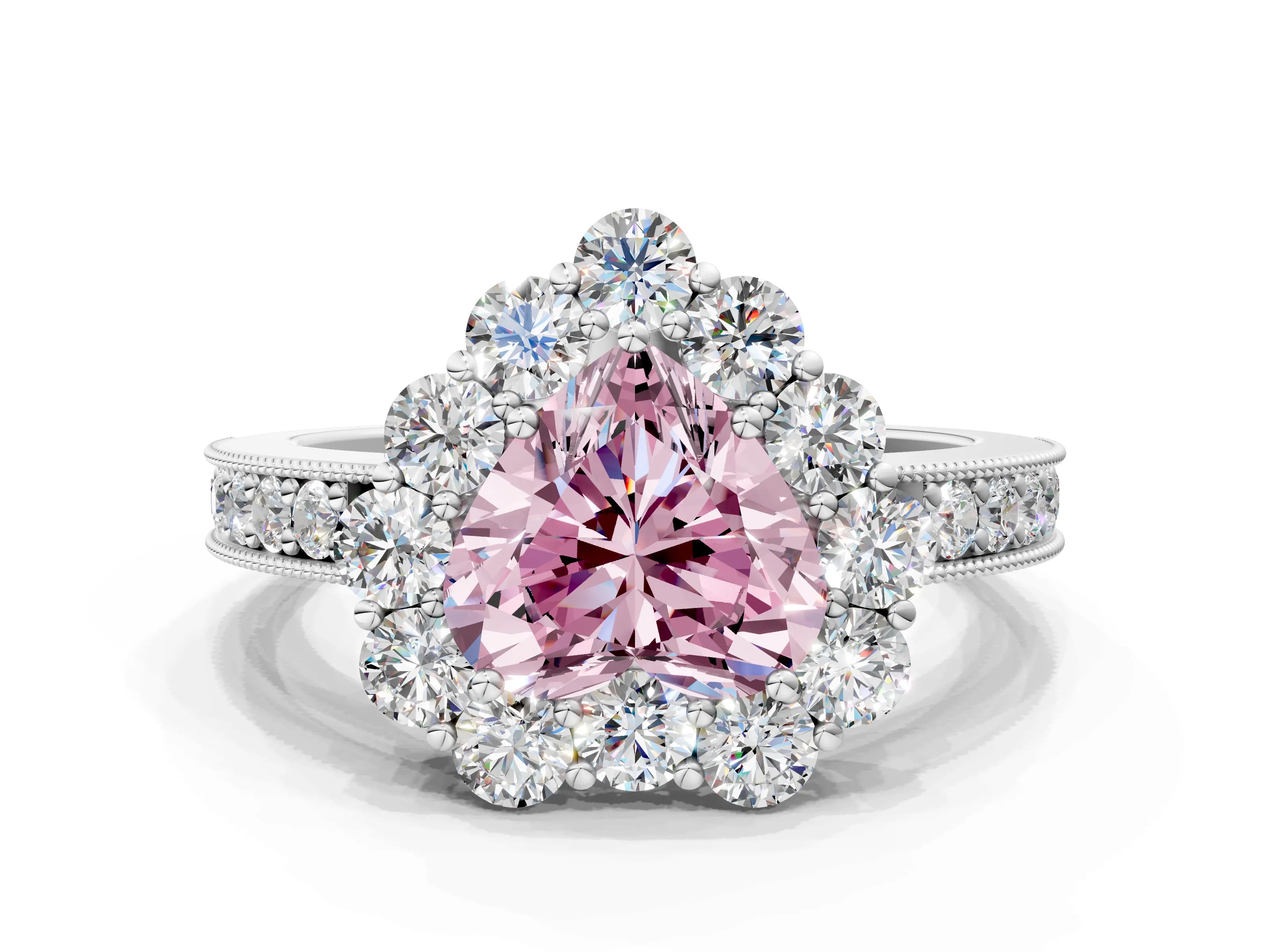 White gold Fancy Pink Heart Cut Cut Halo Diamond Pavé Engagement Ring with Milgrain Detailing