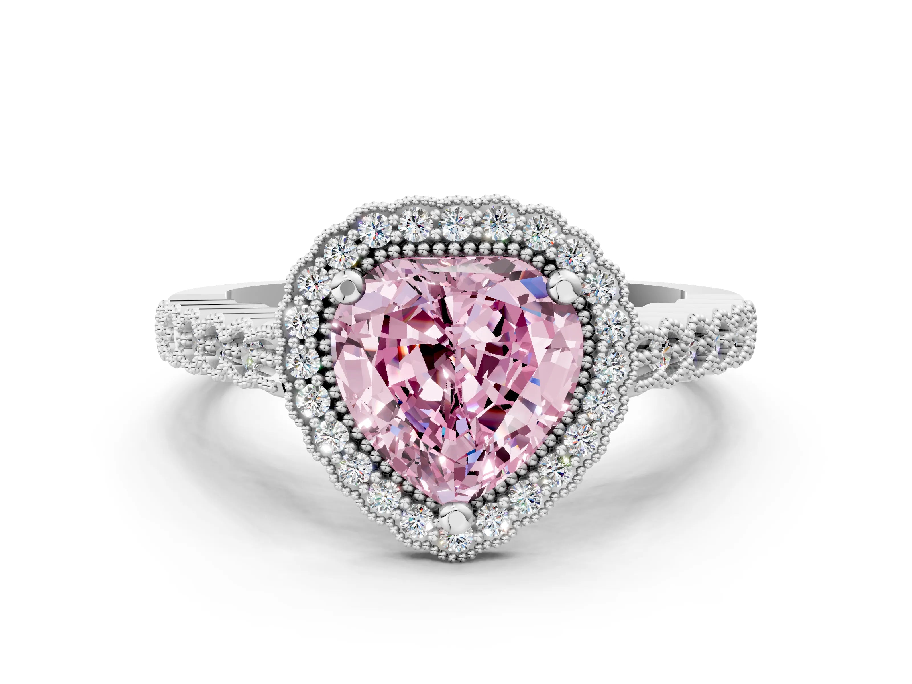 White gold Fancy Pink Heart Cut Cut Halo Pavé Solitaire Ring with Milgrain Band_12