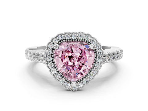 White gold Fancy Pink Heart Cut Cut Halo Pavé Solitaire Ring with Milgrain Band_12