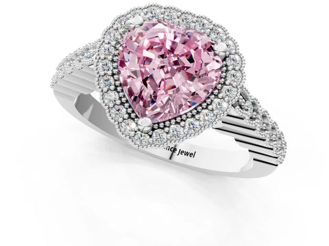White gold Fancy Pink Heart Cut Cut Halo Pavé Solitaire Ring with Milgrain Band_13