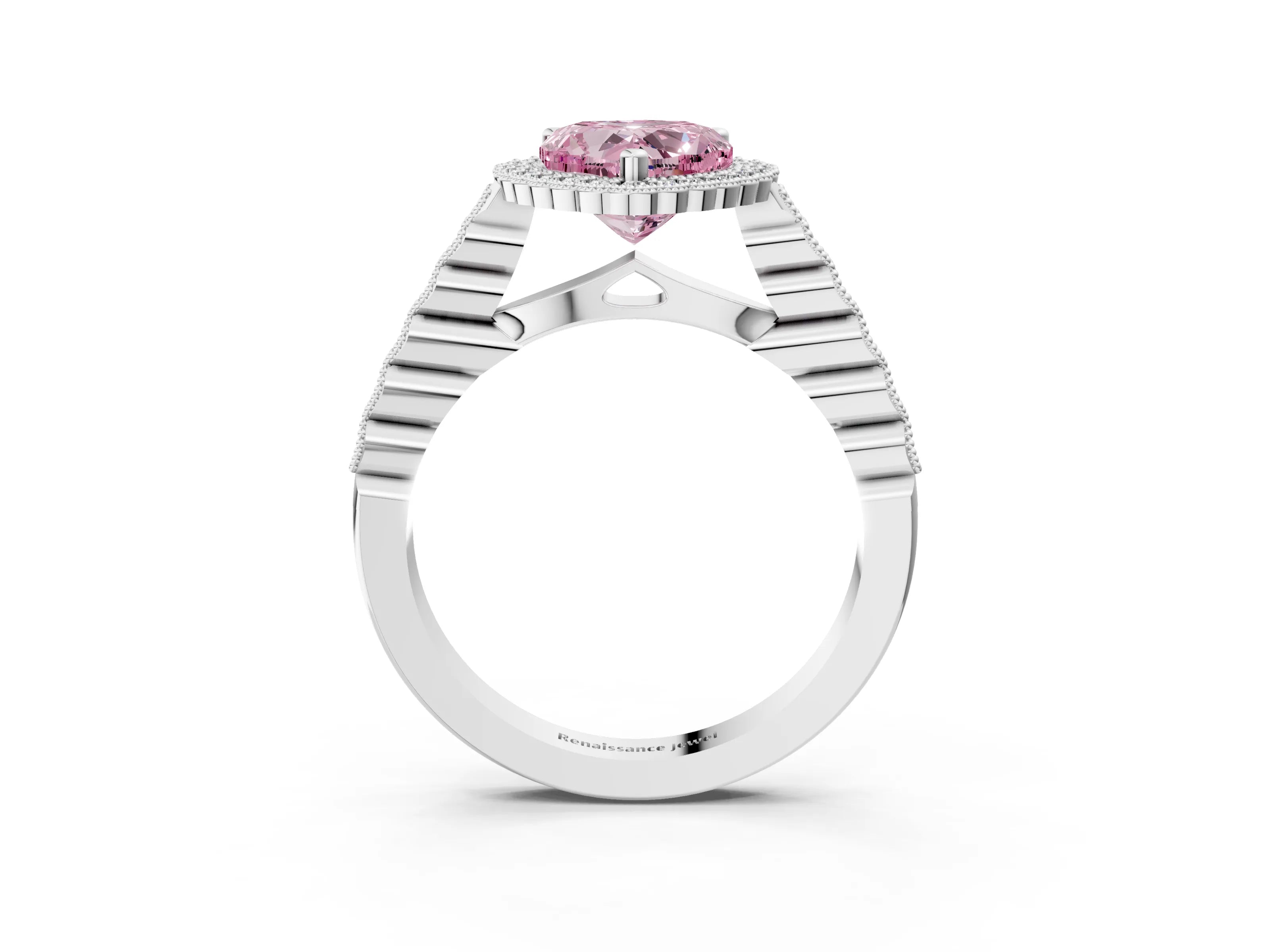 White gold Fancy Pink Heart Cut Cut Halo Pavé Solitaire Ring with Milgrain Band_15