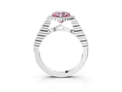 White gold Fancy Pink Heart Cut Cut Halo Pavé Solitaire Ring with Milgrain Band_15