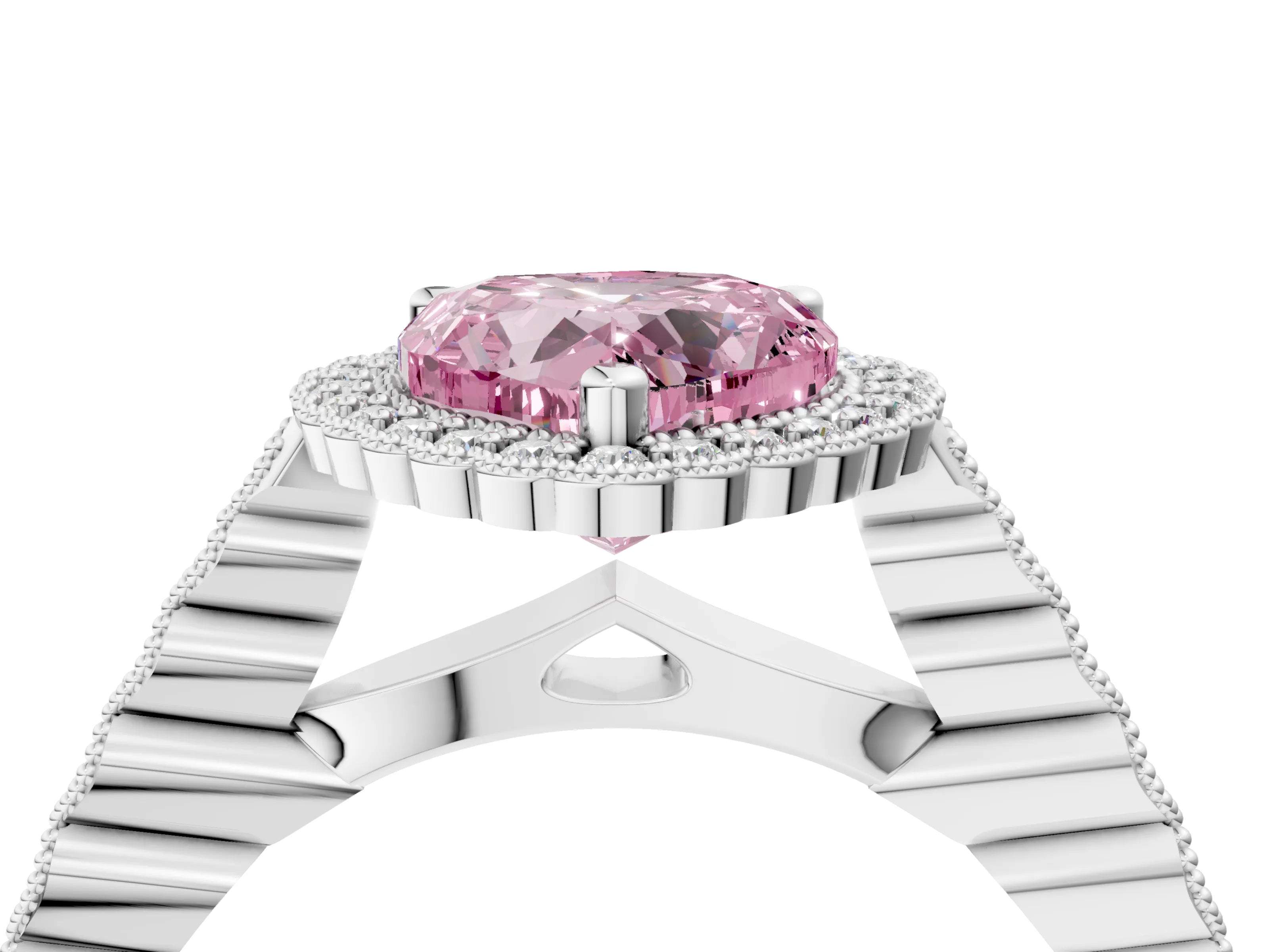 White gold Fancy Pink Heart Cut Cut Halo Pavé Solitaire Ring with Milgrain Band_16