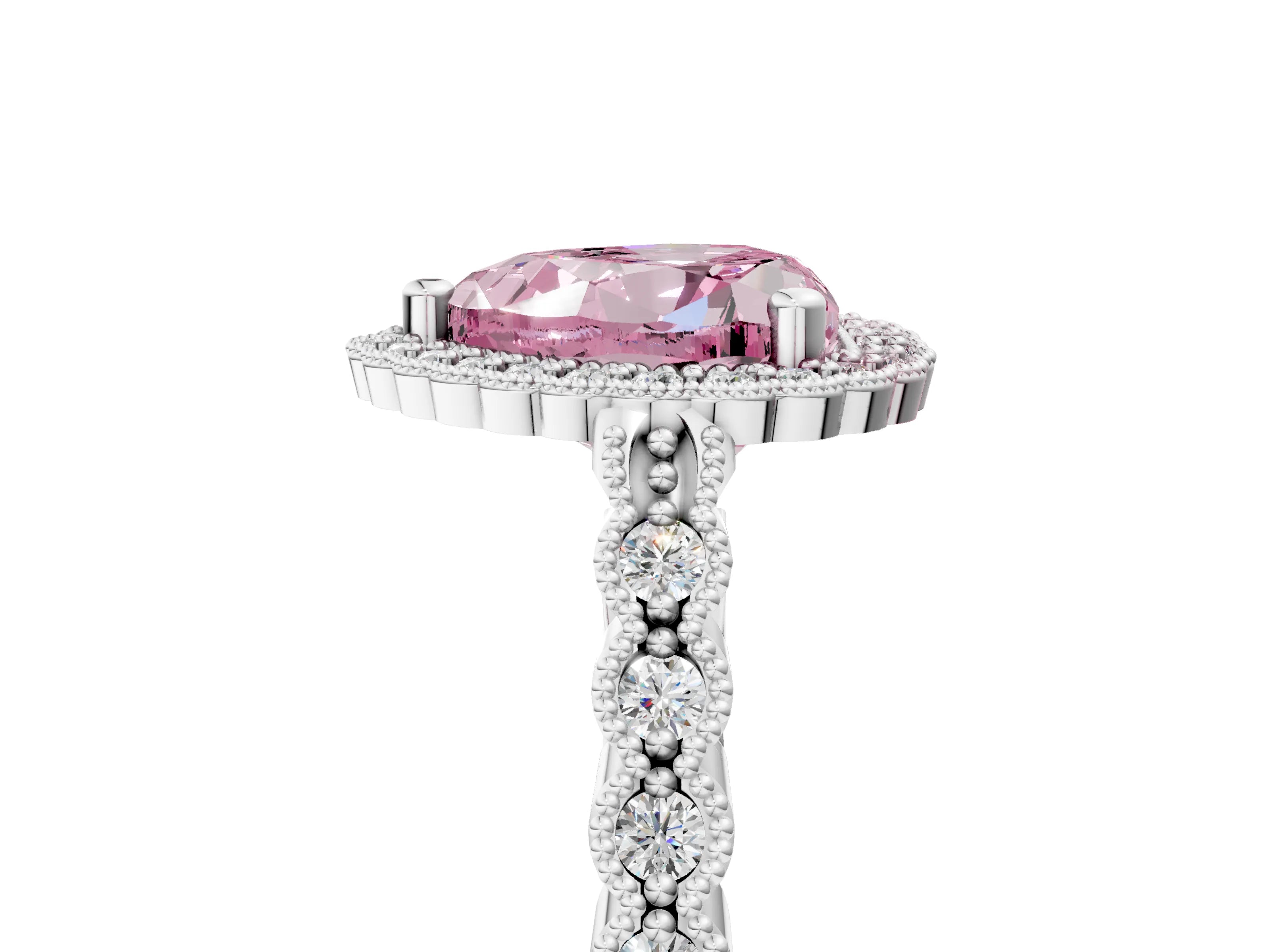 White gold Fancy Pink Heart Cut Cut Halo Pavé Solitaire Ring with Milgrain Band_17