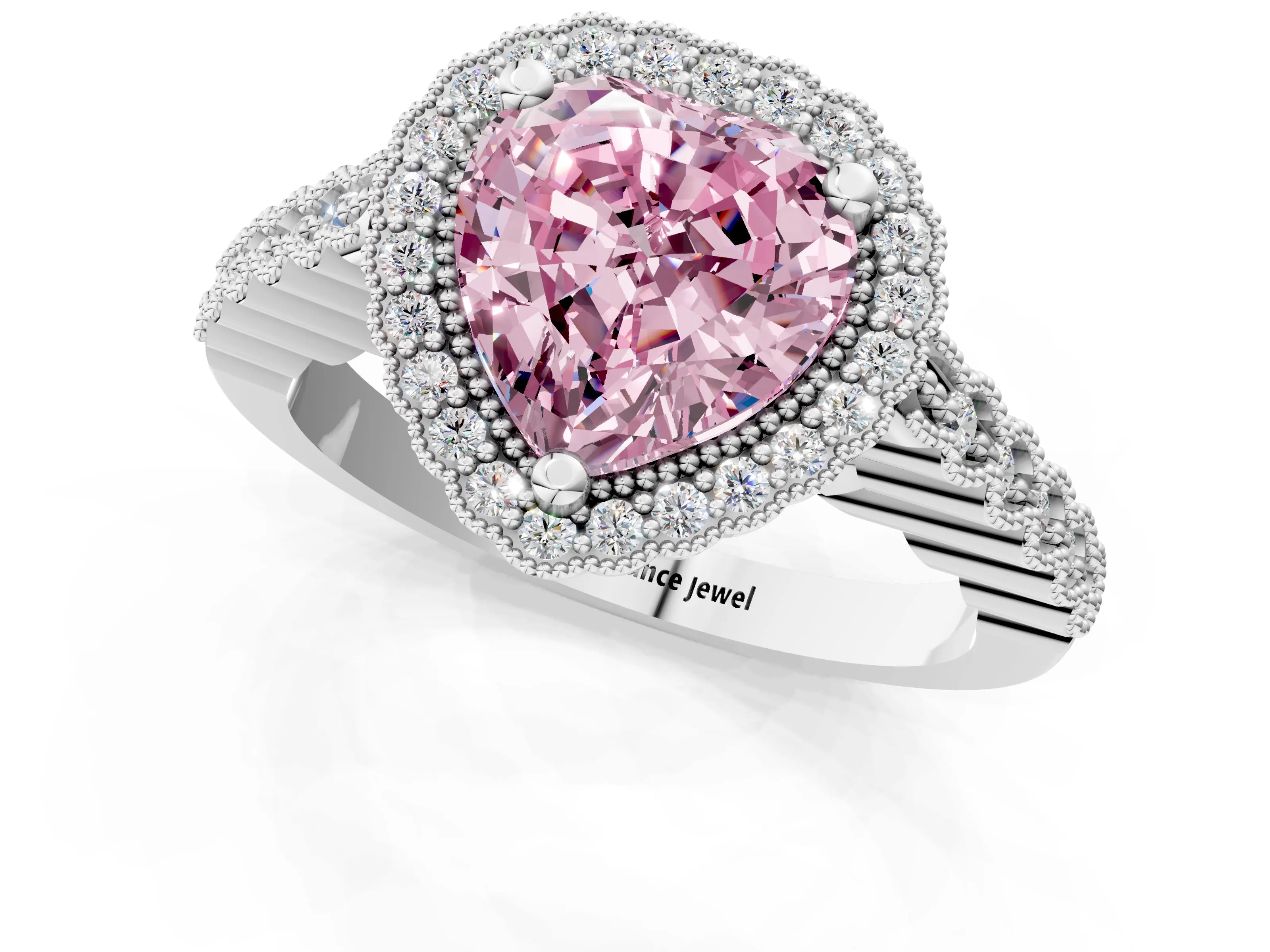 White gold Fancy Pink Heart Cut Cut Halo Pavé Solitaire Ring with Milgrain Band_1