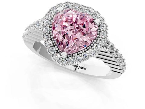 White gold Fancy Pink Heart Cut Cut Halo Pavé Solitaire Ring with Milgrain Band_1