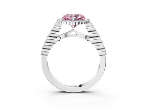 White gold Fancy Pink Heart Cut Cut Halo Pavé Solitaire Ring with Milgrain Band_3