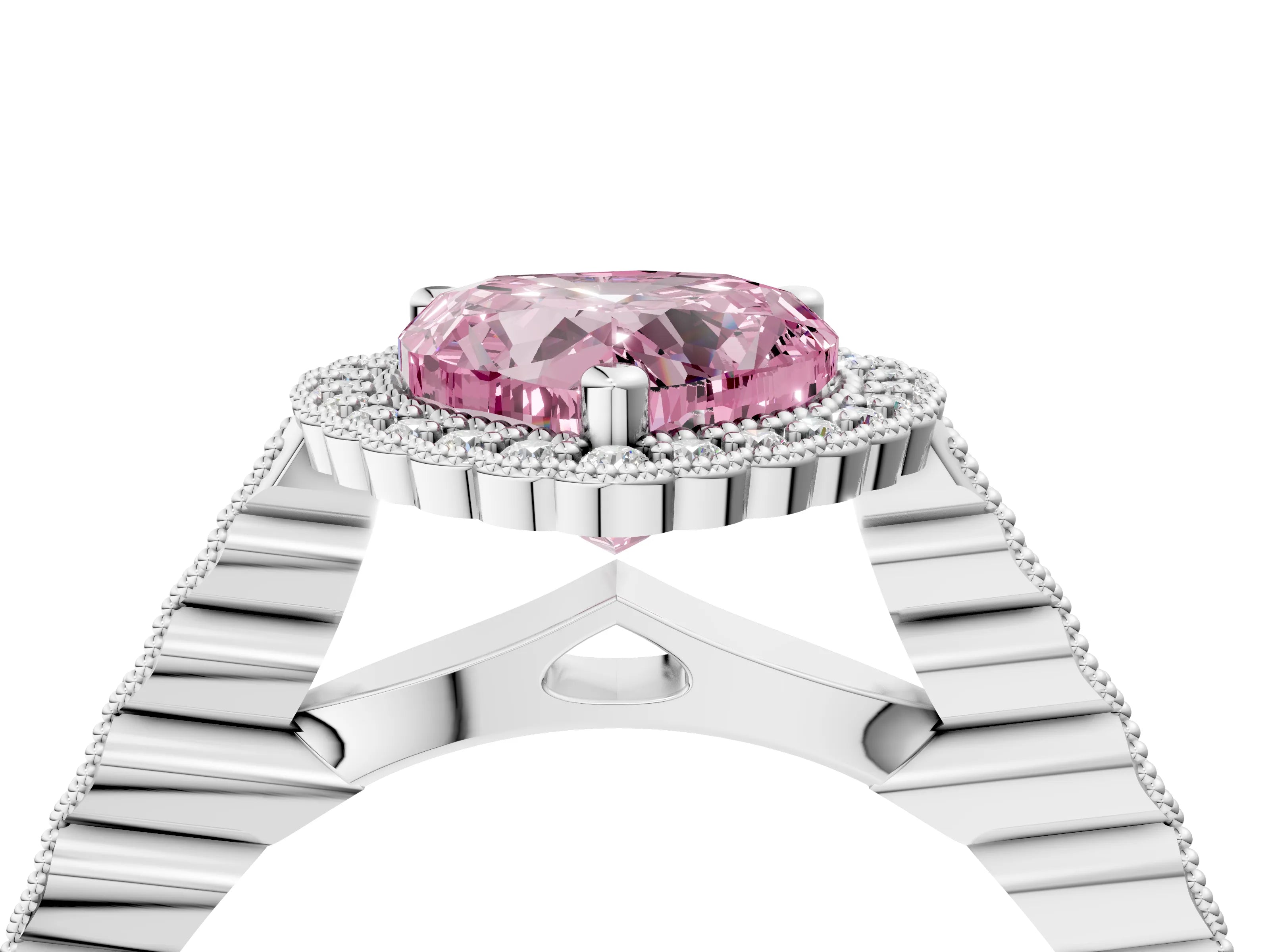 White gold Fancy Pink Heart Cut Cut Halo Pavé Solitaire Ring with Milgrain Band_4