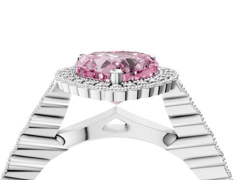 White gold Fancy Pink Heart Cut Cut Halo Pavé Solitaire Ring with Milgrain Band_4