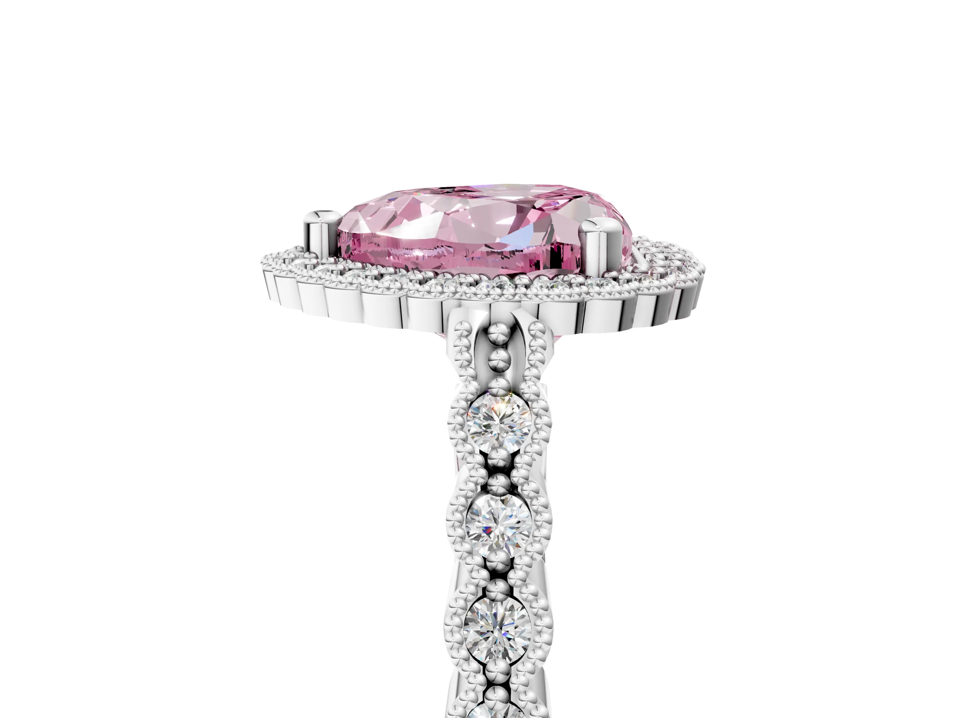White gold Fancy Pink Heart Cut Cut Halo Pavé Solitaire Ring with Milgrain Band_5