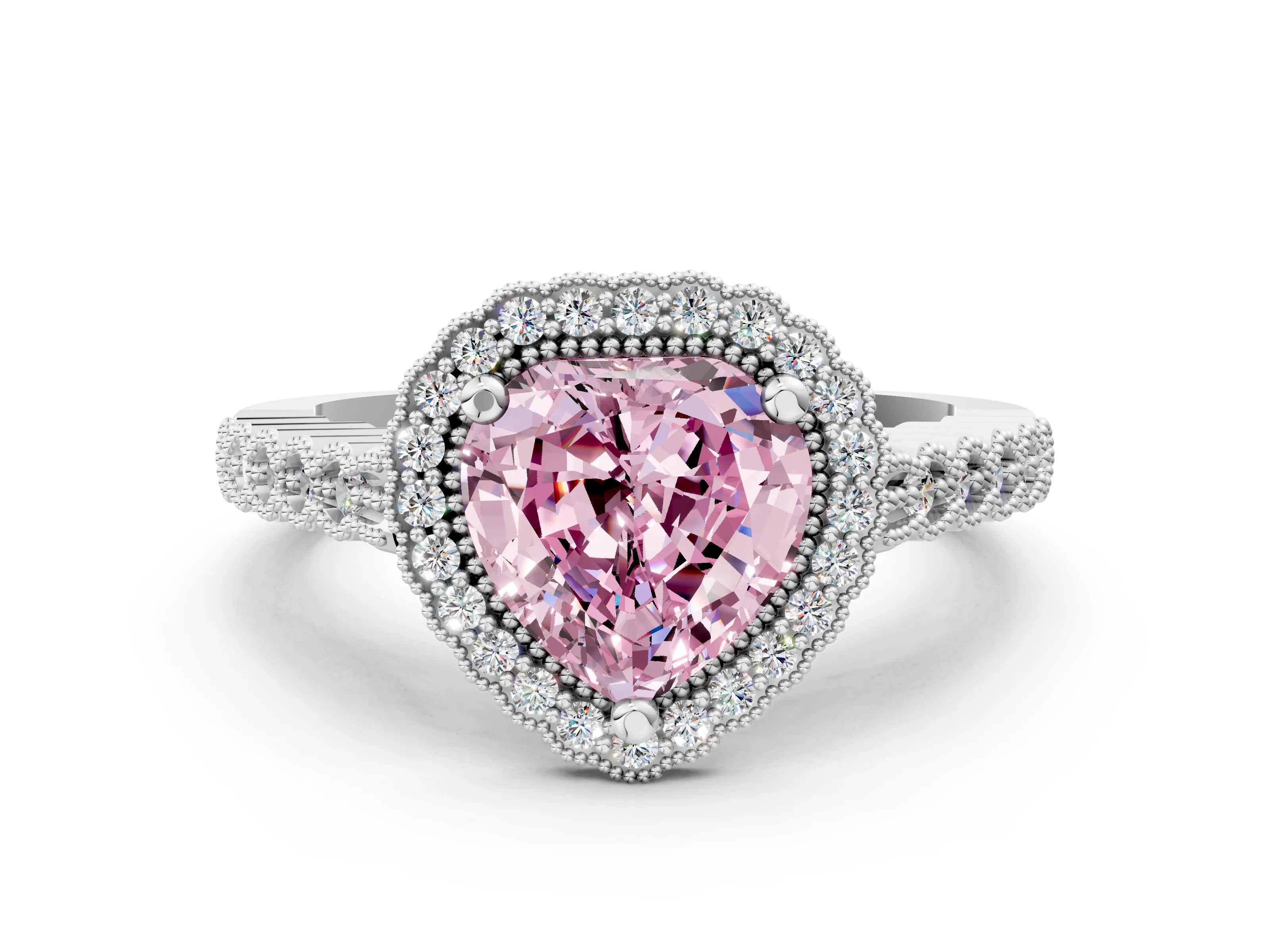 White gold Fancy Pink Heart Cut Cut Halo Pavé Solitaire Ring with Milgrain Band