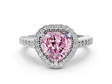 White gold Fancy Pink Heart Cut Cut Halo Pavé Solitaire Ring with Milgrain Band