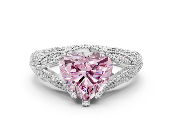 White gold Fancy Pink Heart Cut Cut Milgrain Pave Diamond Engagement Ring with Four-Prong Setting