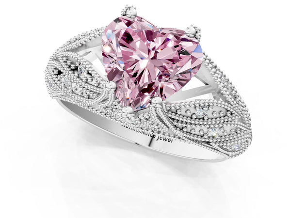 White gold Fancy Pink Heart Cut Cut Milgrain Pave Diamond Engagement Ring with Four-Prong Setting