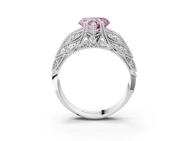 White gold Fancy Pink Heart Cut Cut Milgrain Pave Diamond Engagement Ring with Four-Prong Setting