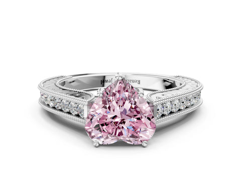White gold Fancy Pink Heart Cut Cut Pave Band Milgrain Solitaire Ring