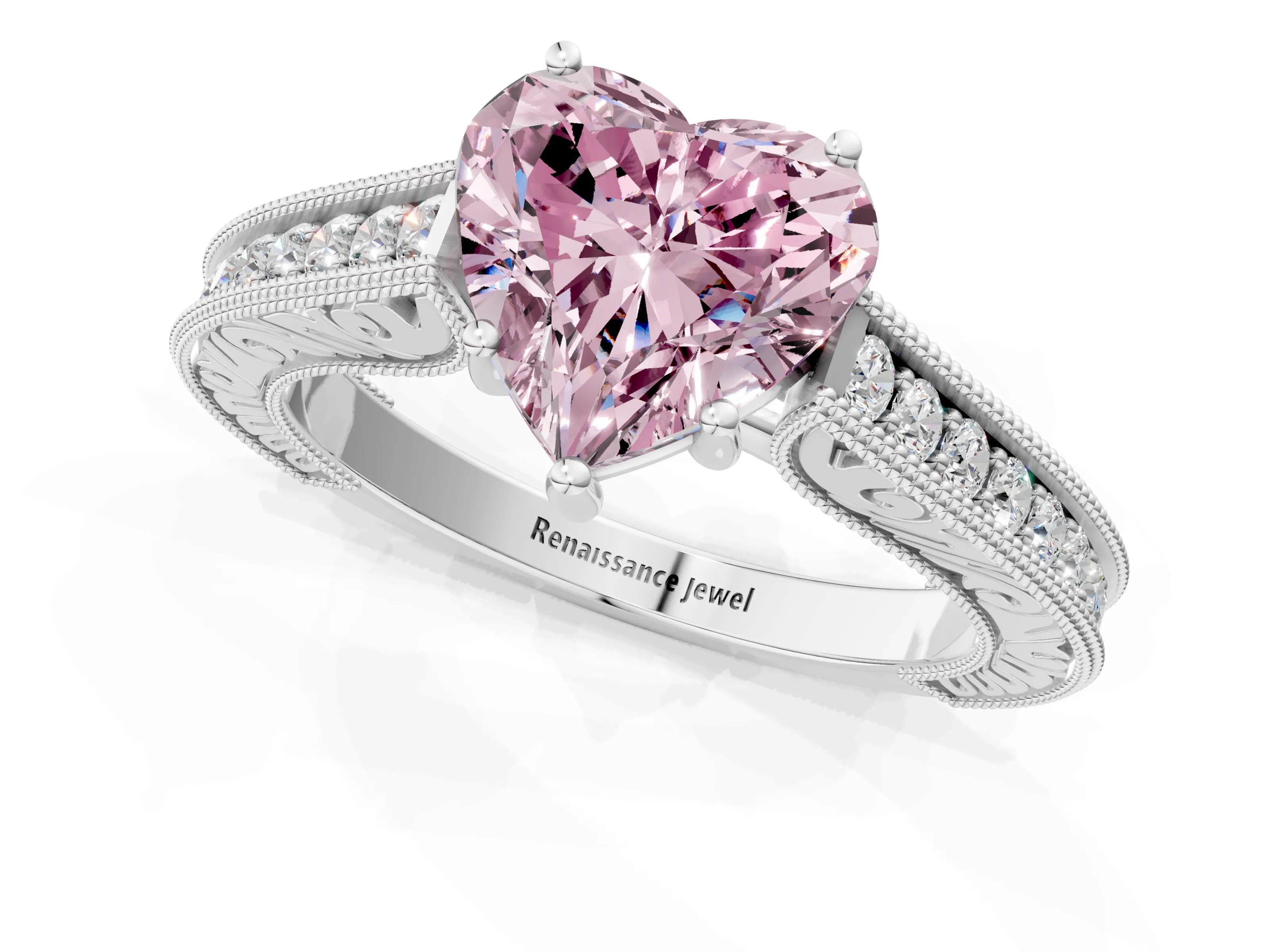 White gold Fancy Pink Heart Cut Cut Pave Band Milgrain Solitaire Ring_1
