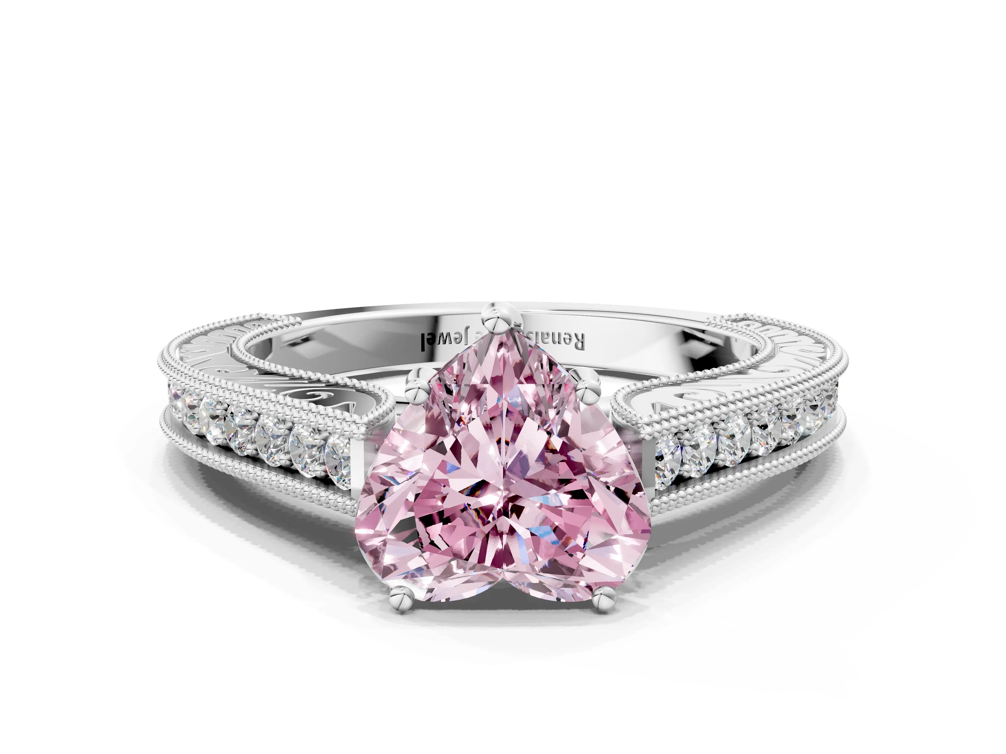 White gold Fancy Pink Heart Cut Cut Pave Band Milgrain Solitaire Ring_10