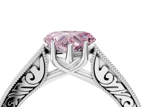 White gold Fancy Pink Heart Cut Cut Pave Band Milgrain Solitaire Ring_10