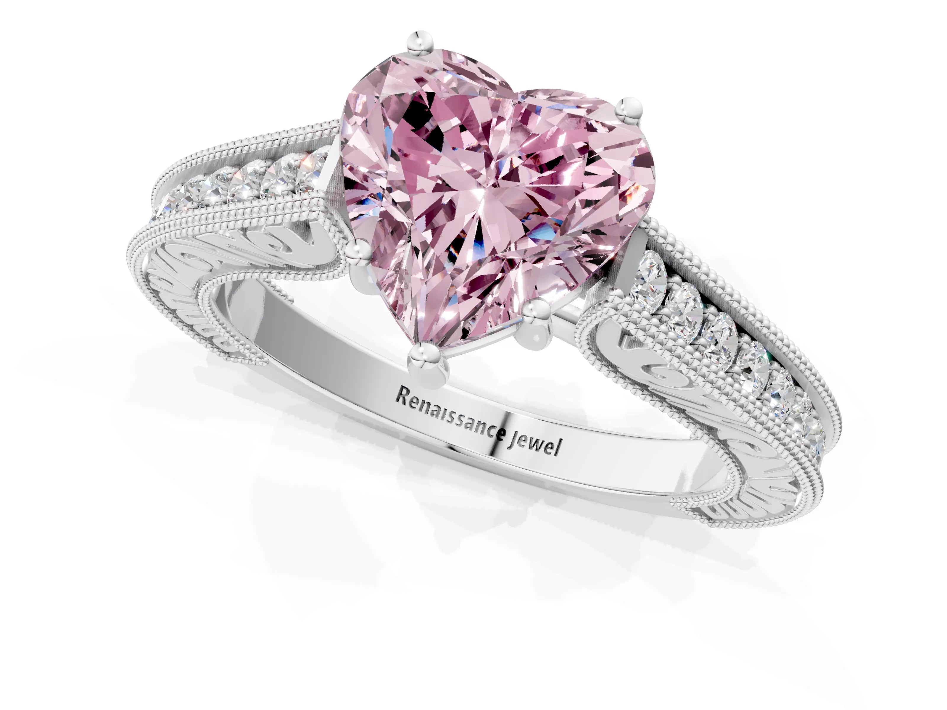 White gold Fancy Pink Heart Cut Cut Pave Band Milgrain Solitaire Ring_11