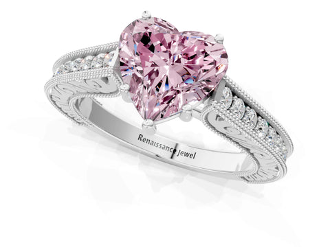 White gold Fancy Pink Heart Cut Cut Pave Band Milgrain Solitaire Ring_11