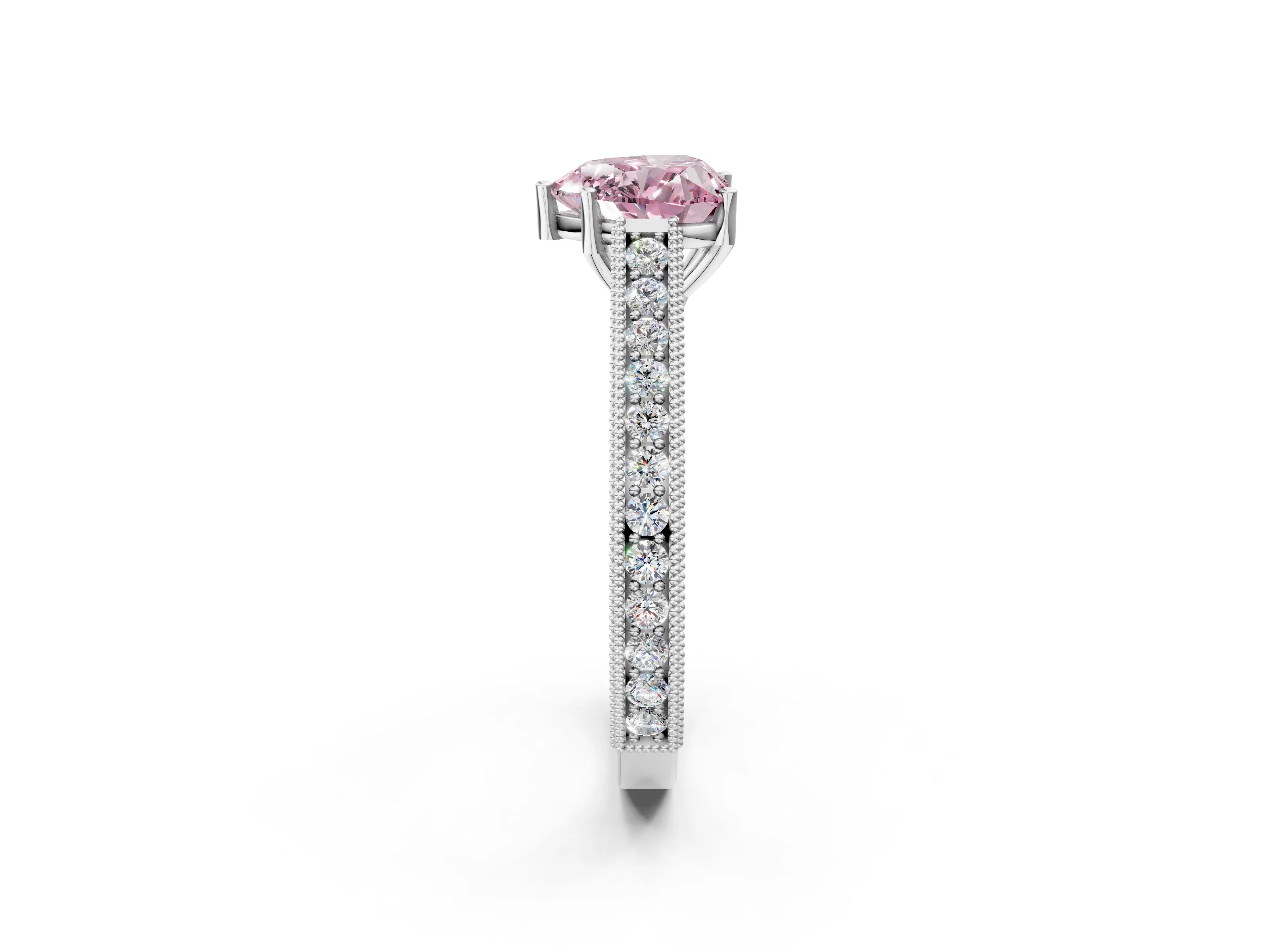 White gold Fancy Pink Heart Cut Cut Pave Band Milgrain Solitaire Ring_12