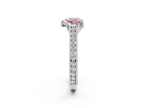 Platinum Fancy Pink Heart Cut Cut Pave Band Milgrain Solitaire Ring