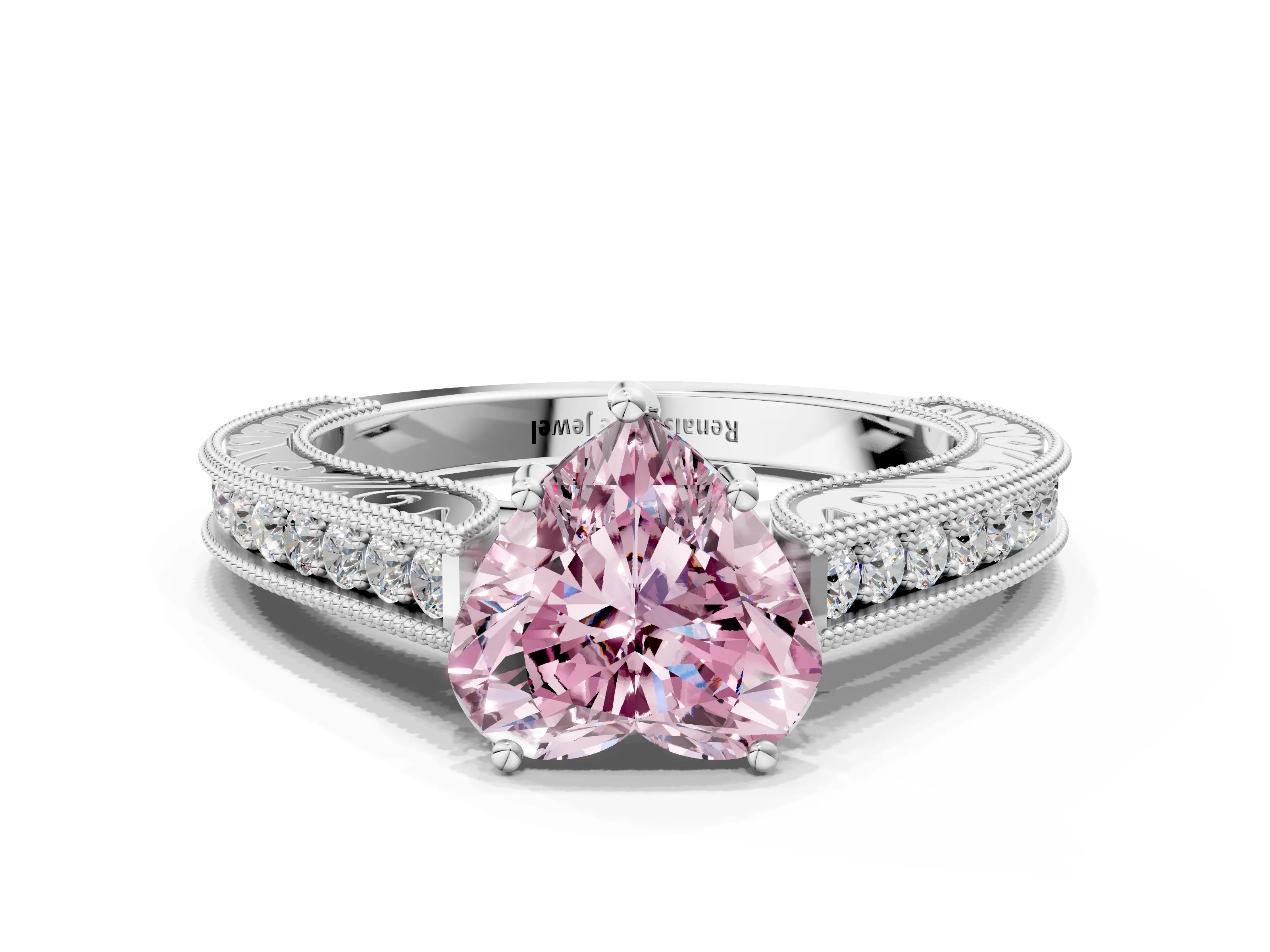 White gold Fancy Pink Heart Cut Cut Pave Band Milgrain Solitaire Ring_12