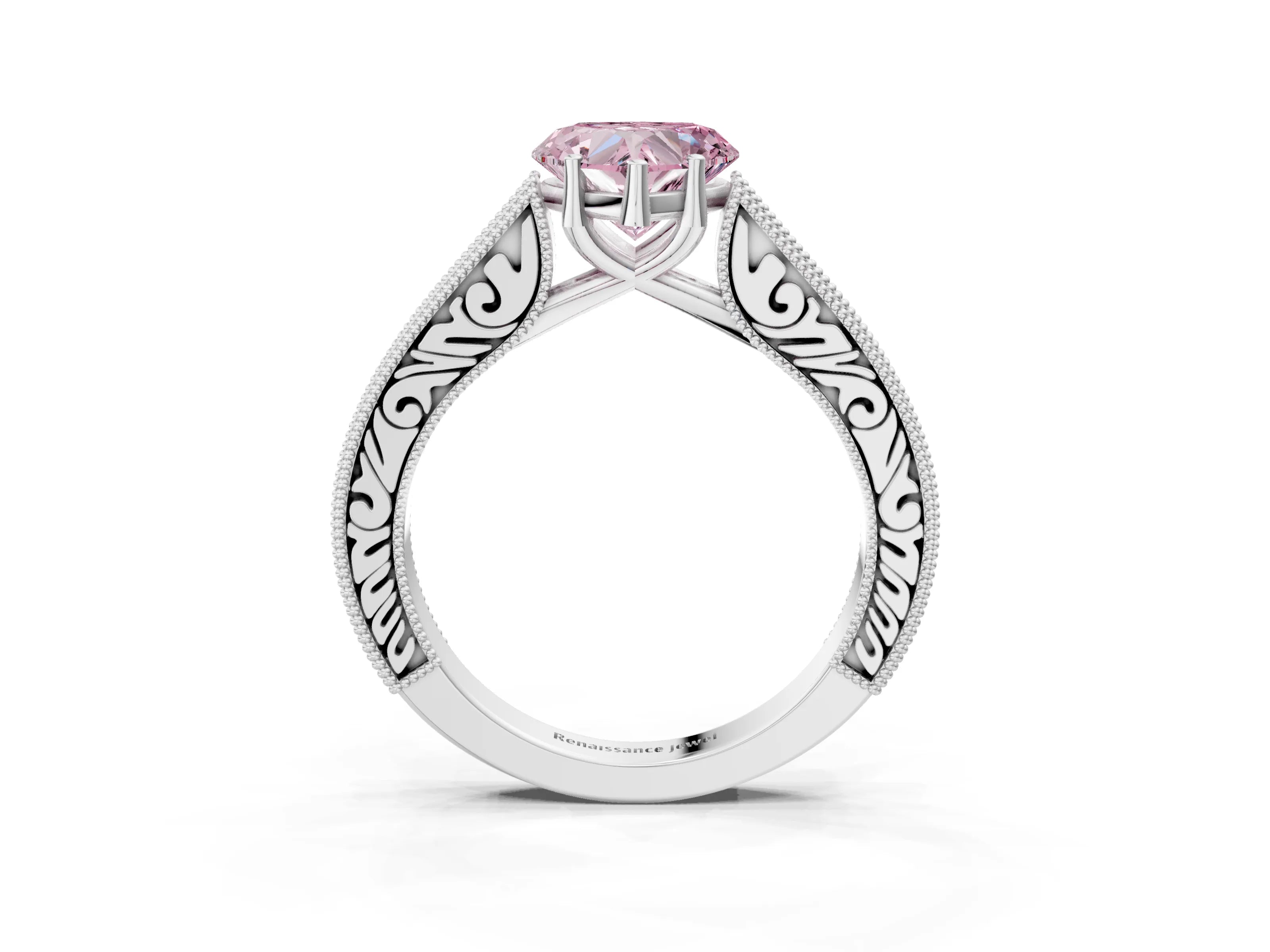 White gold Fancy Pink Heart Cut Cut Pave Band Milgrain Solitaire Ring_13