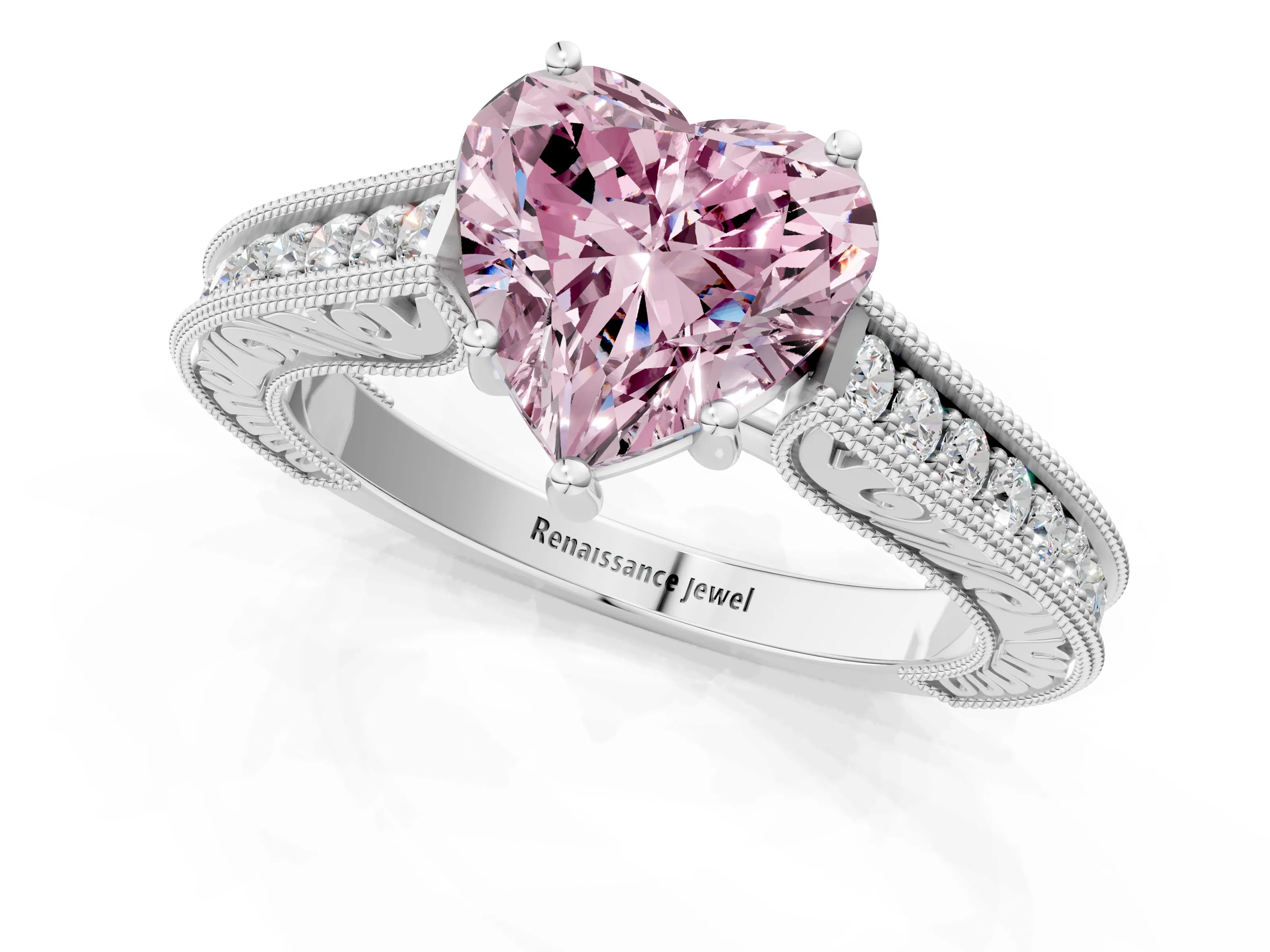 White gold Fancy Pink Heart Cut Cut Pave Band Milgrain Solitaire Ring_1
