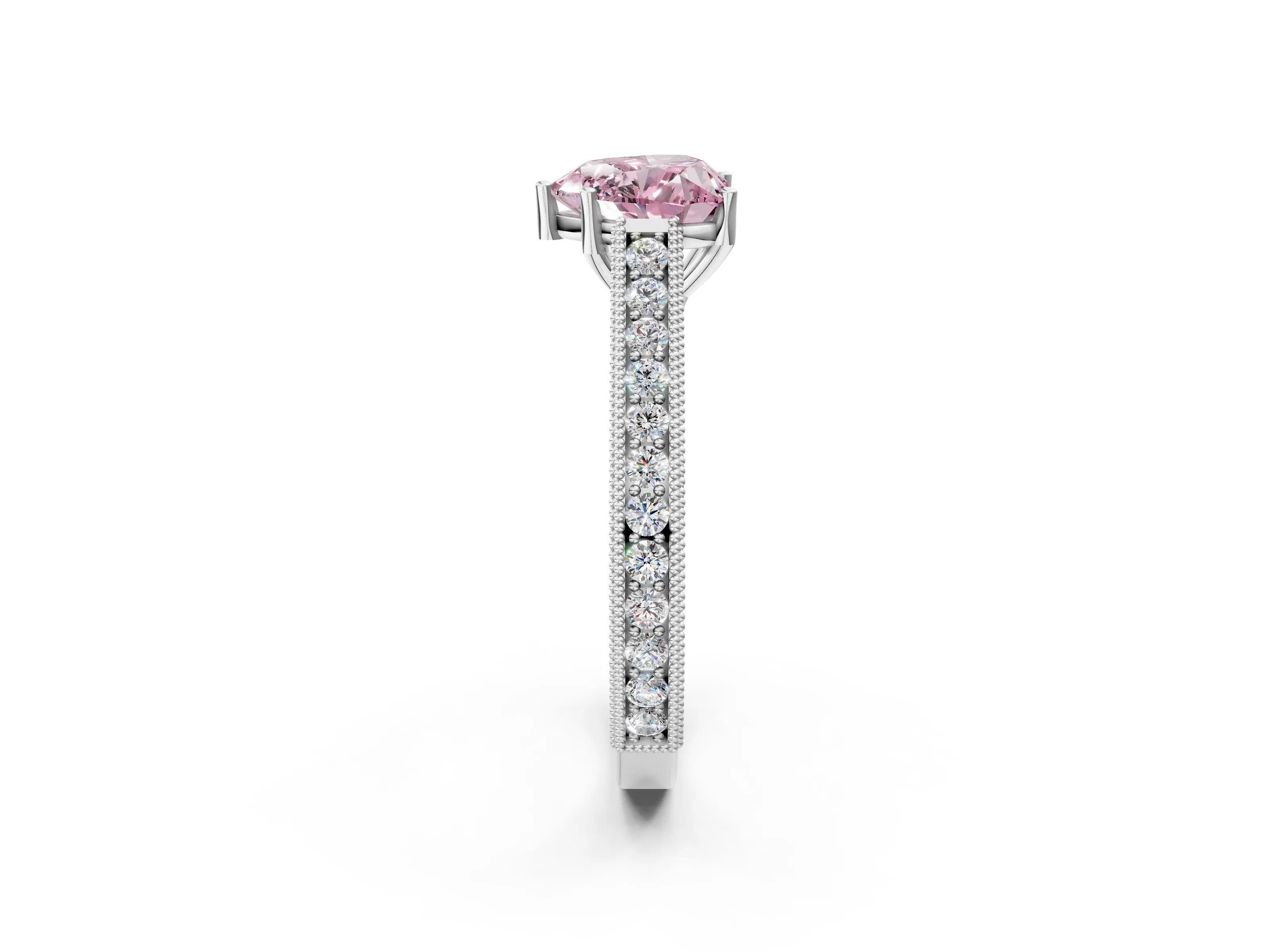 White gold Fancy Pink Heart Cut Cut Pave Band Milgrain Solitaire Ring_2