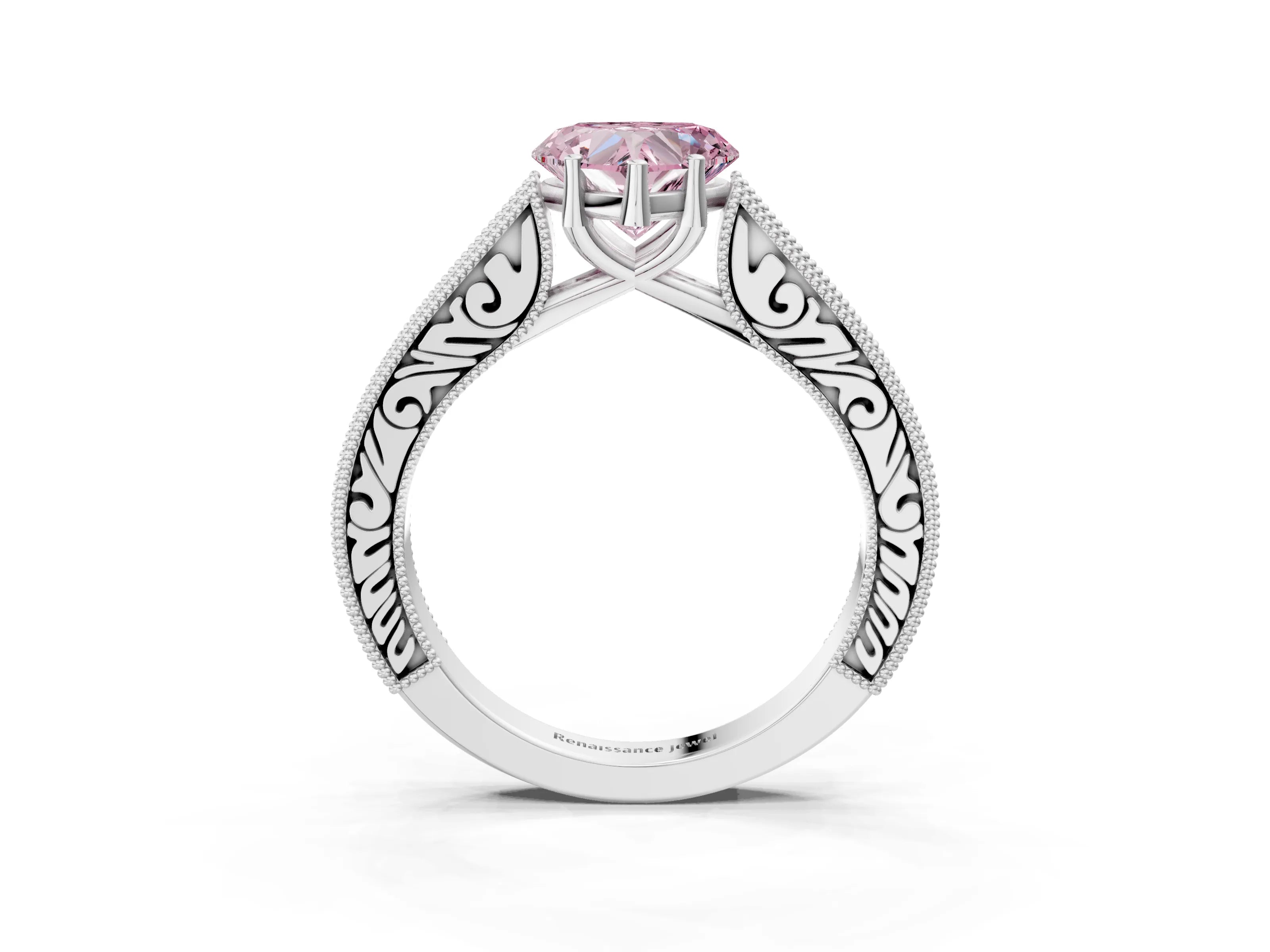 White gold Fancy Pink Heart Cut Cut Pave Band Milgrain Solitaire Ring_3