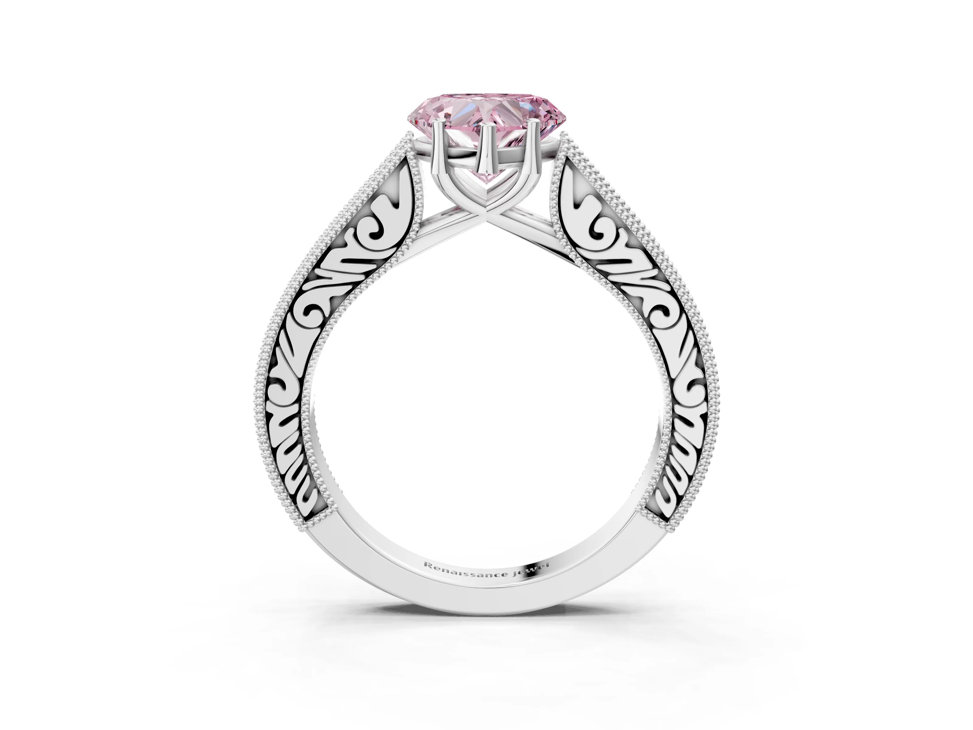 White gold Fancy Pink Heart Cut Cut Pave Band Milgrain Solitaire Ring_3