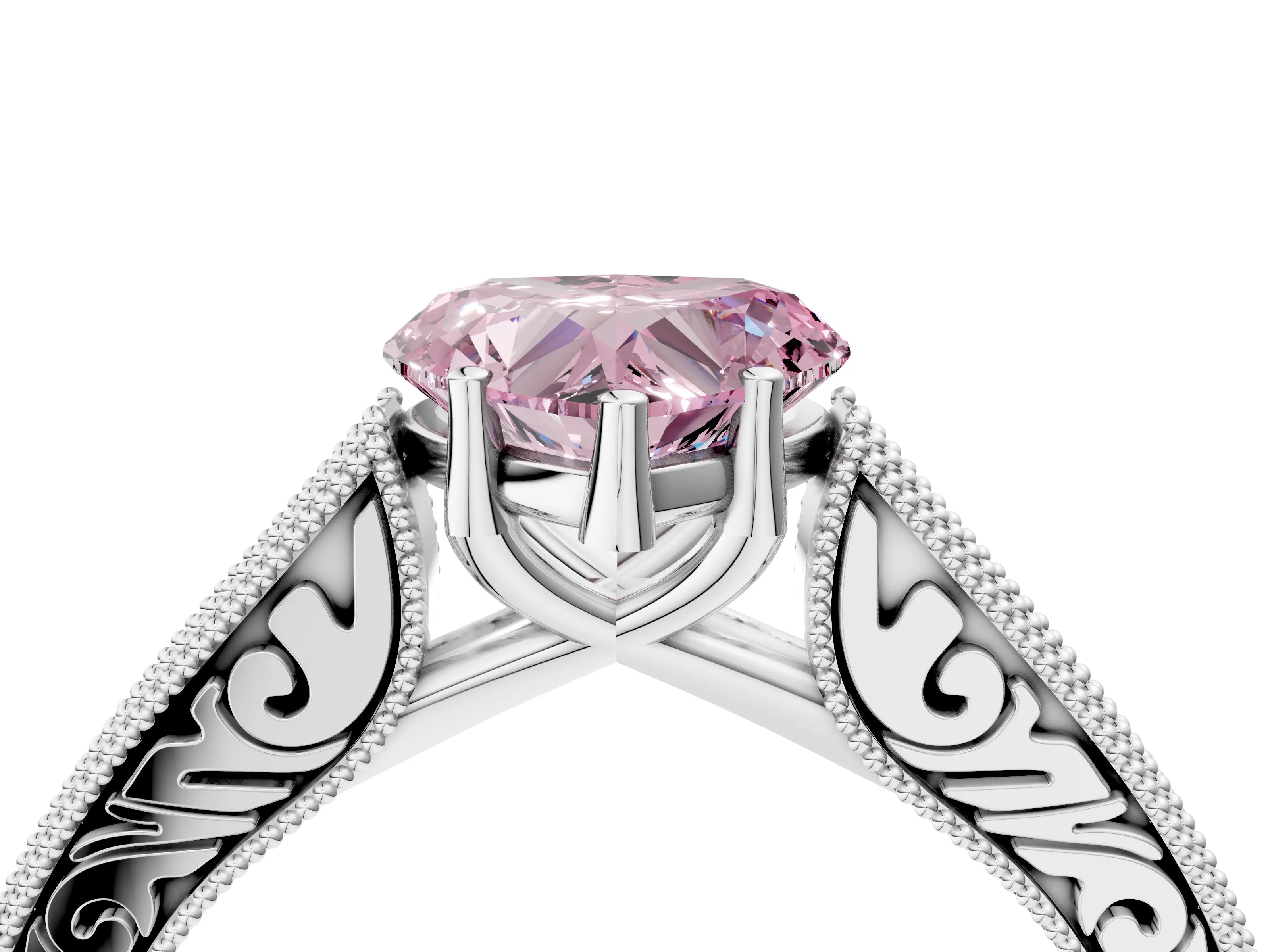 White gold Fancy Pink Heart Cut Cut Pave Band Milgrain Solitaire Ring_4