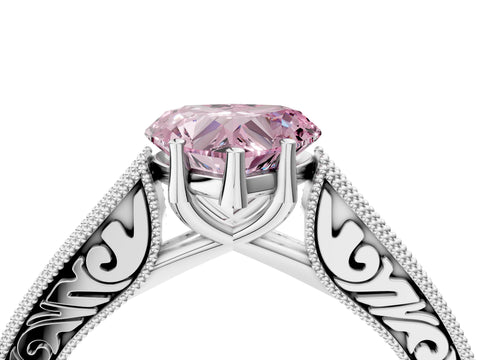 White gold Fancy Pink Heart Cut Cut Pave Band Milgrain Solitaire Ring_4