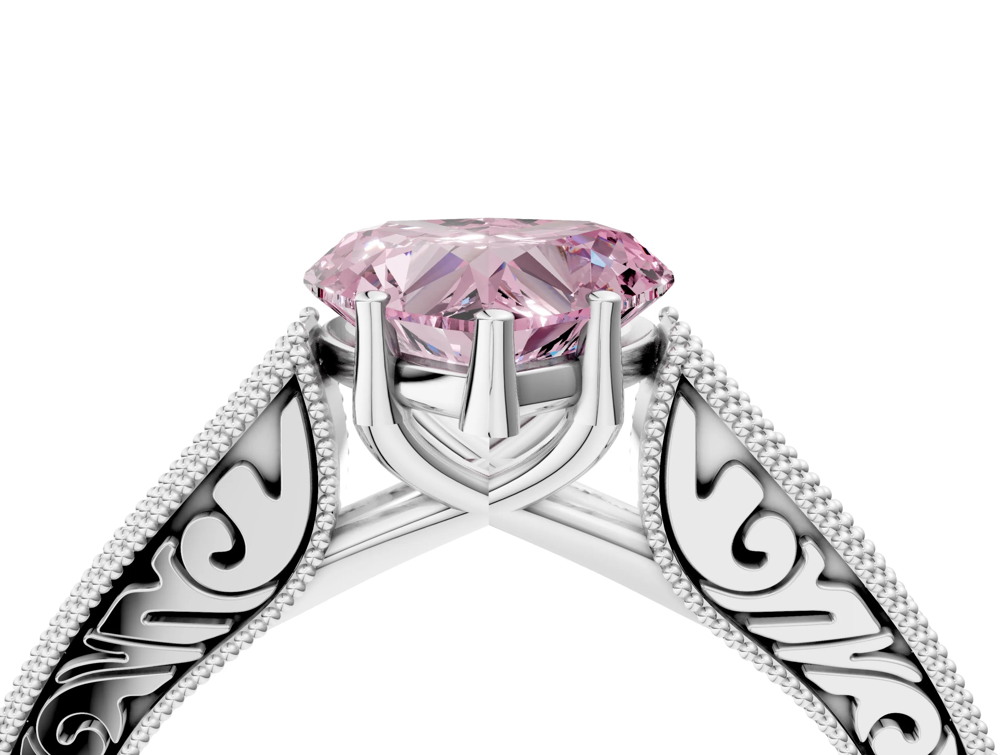 White gold Fancy Pink Heart Cut Cut Pave Band Milgrain Solitaire Ring_4