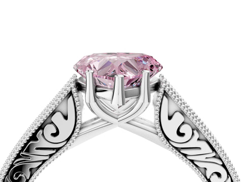 White gold Fancy Pink Heart Cut Cut Pave Band Milgrain Solitaire Ring_4