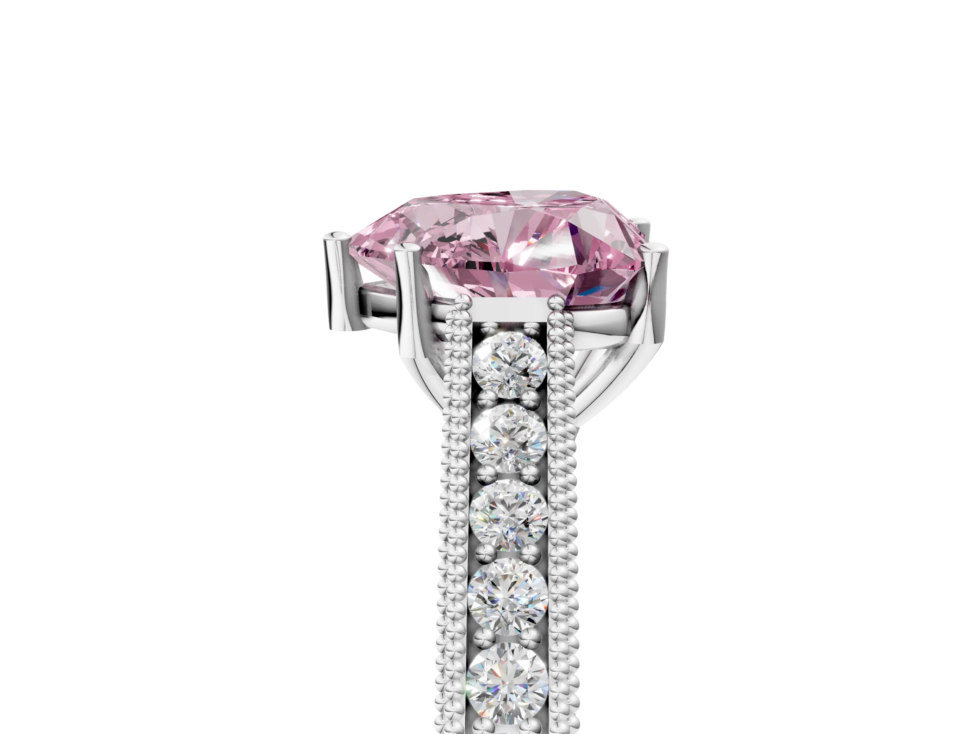 White gold Fancy Pink Heart Cut Cut Pave Band Milgrain Solitaire Ring_5