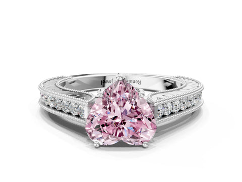 White gold Fancy Pink Heart Cut Cut Pave Band Milgrain Solitaire Ring