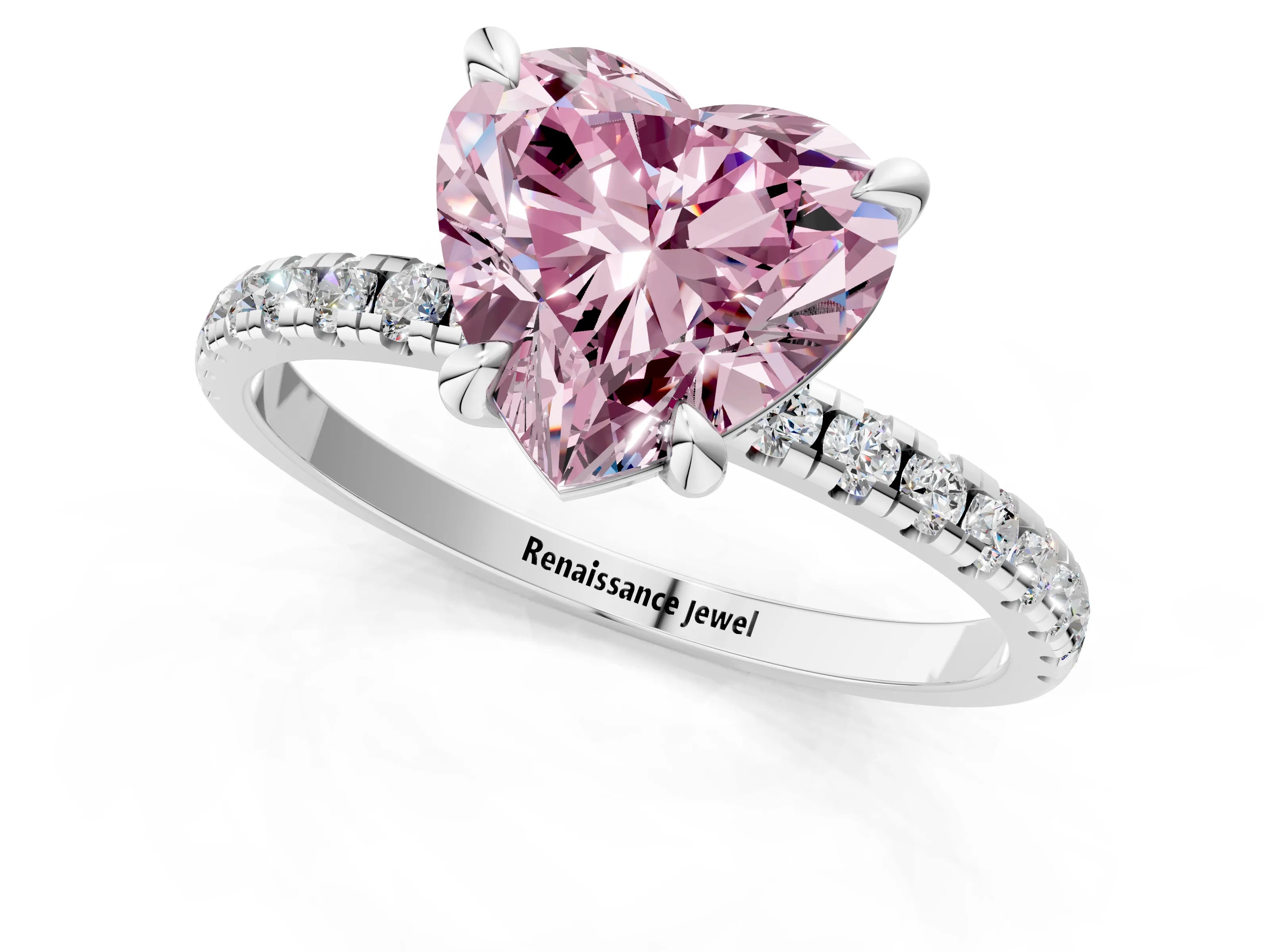 White gold Fancy Pink Heart Cut Diamond Brilliant Solitaire Ring with Pavé Band and Four-Prong Setting_1