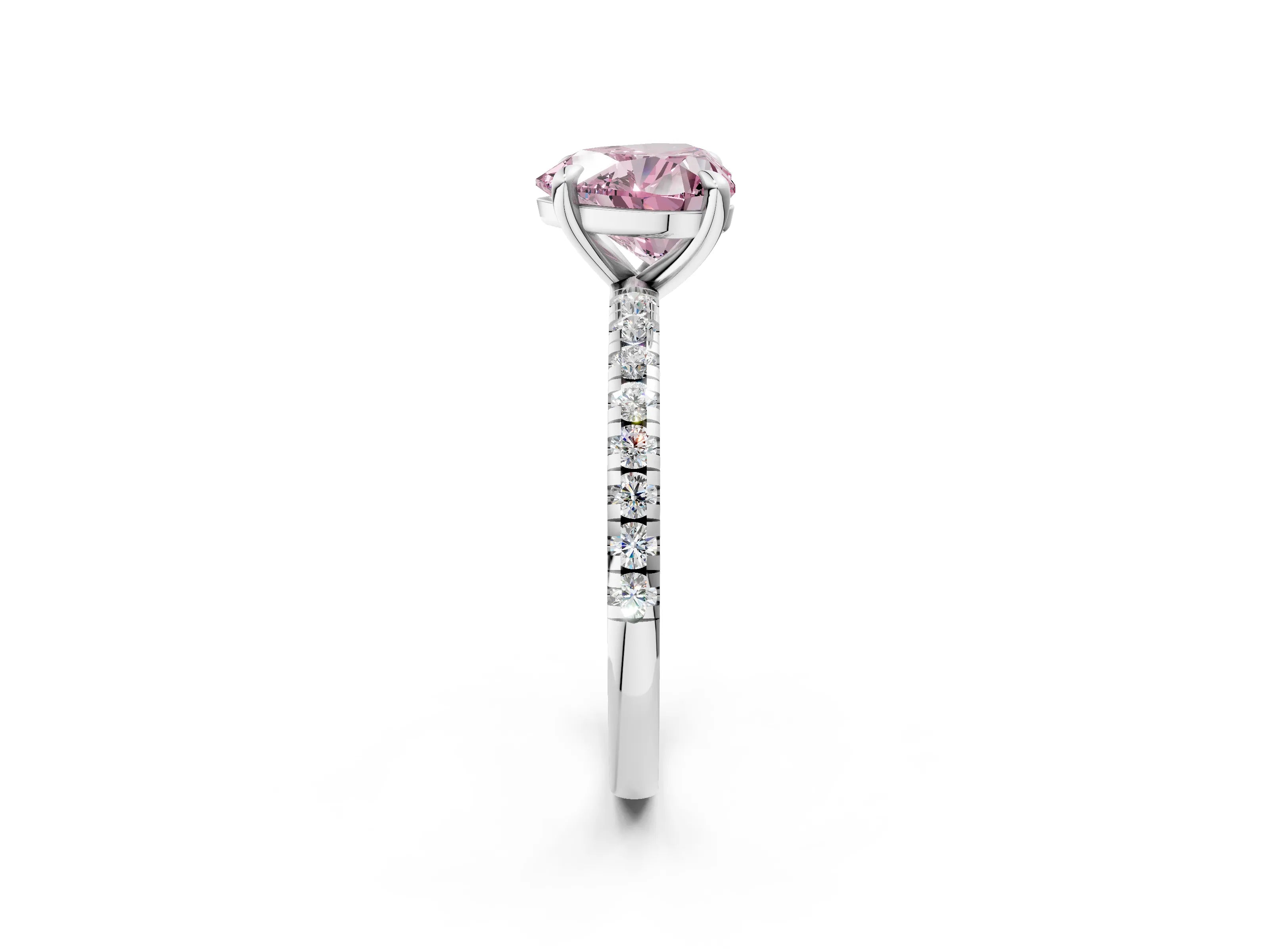 White gold Fancy Pink Heart Cut Diamond Brilliant Solitaire Ring with Pavé Band and Four-Prong Setting_2