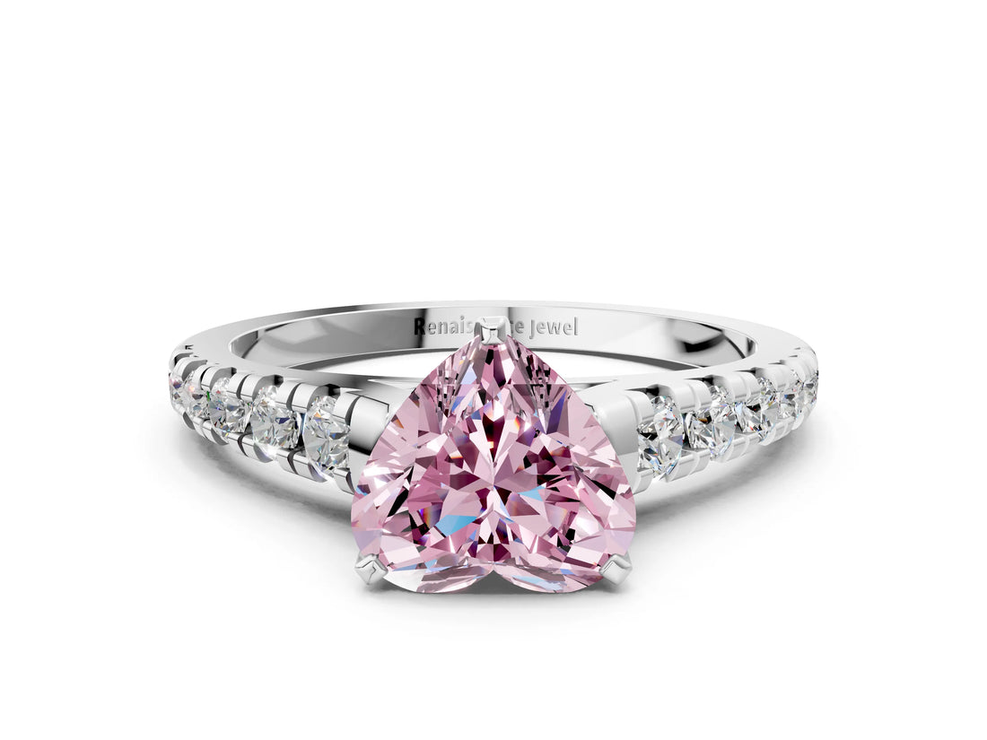 White gold Fancy Pink Heart Cut Diamond Cathedral Solitaire Ring with Round  Pavé Band_165