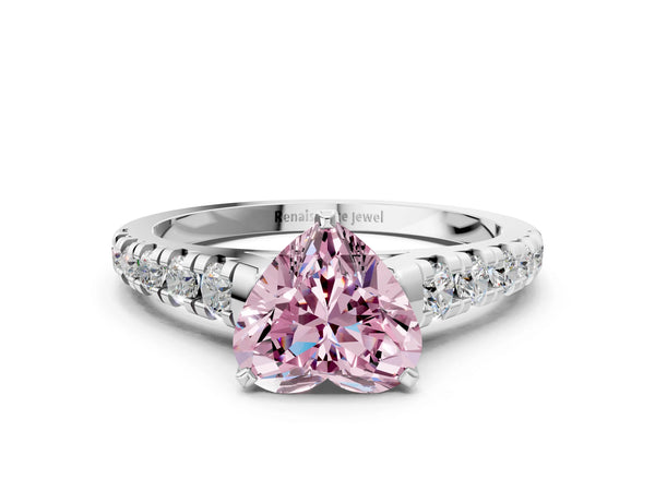 White Gold Heart-Shaped Graduated Cathedral Engagement Ring Setting for Fancy Pink Center