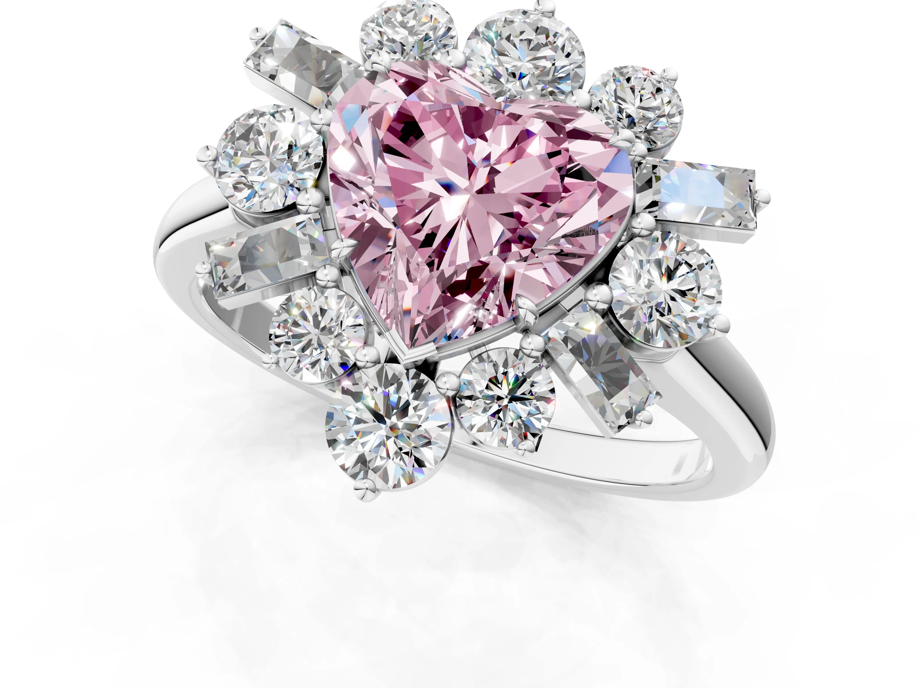 White gold Fancy Pink Heart Cut Diamond Cluster Ring with Round and Baguette Stones, Split Shank Band, Prong Setting_13