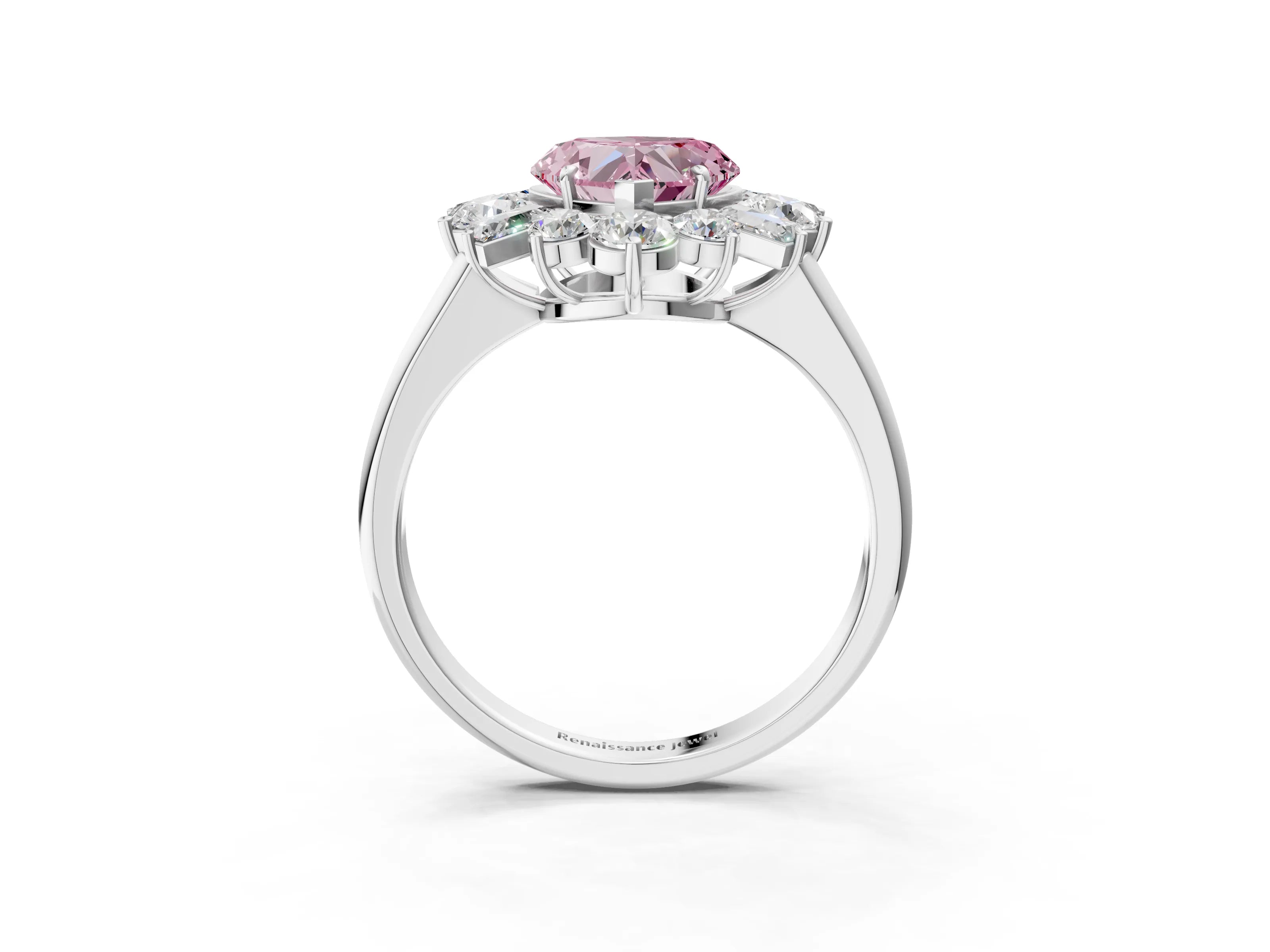 White gold Fancy Pink Heart Cut Diamond Cluster Ring with Round and Baguette Stones, Split Shank Band, Prong Setting_15