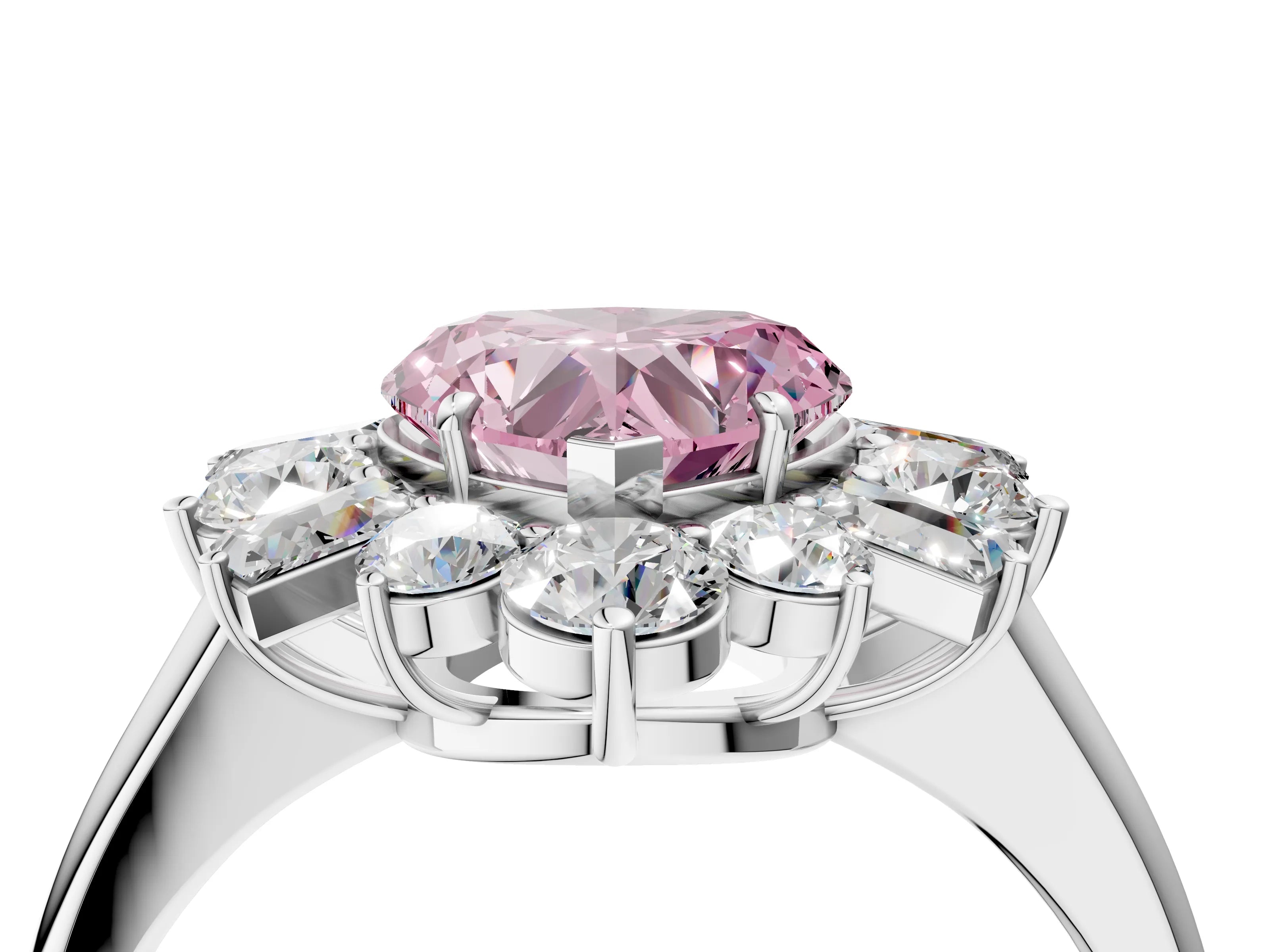 White gold Fancy Pink Heart Cut Diamond Cluster Ring with Round and Baguette Stones, Split Shank Band, Prong Setting_16