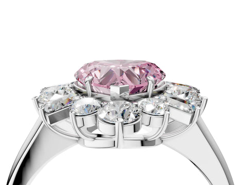 White gold Fancy Pink Heart Cut Diamond Cluster Ring with Round and Baguette Stones, Split Shank Band, Prong Setting_16