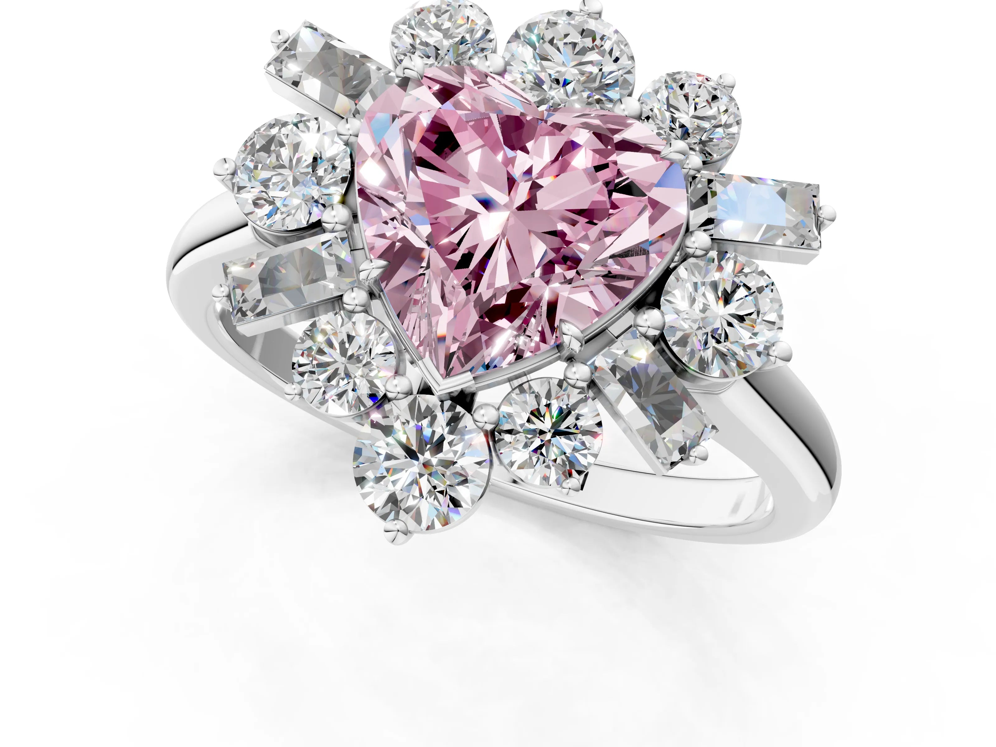 White gold Fancy Pink Heart Cut Diamond Cluster Ring with Round and Baguette Stones, Split Shank Band, Prong Setting_1